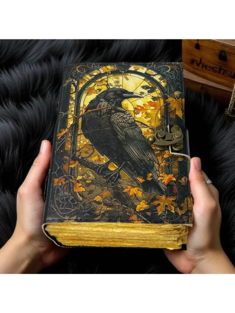 Sakura Vintage Leather Journal Raven Autumn Gothic Grimoire Black Gold C-Lock